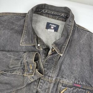 Vtg FUBU Mens Denim Jacket 2XL Black Y2K Oversized Hip Hop Punk Designer Retro